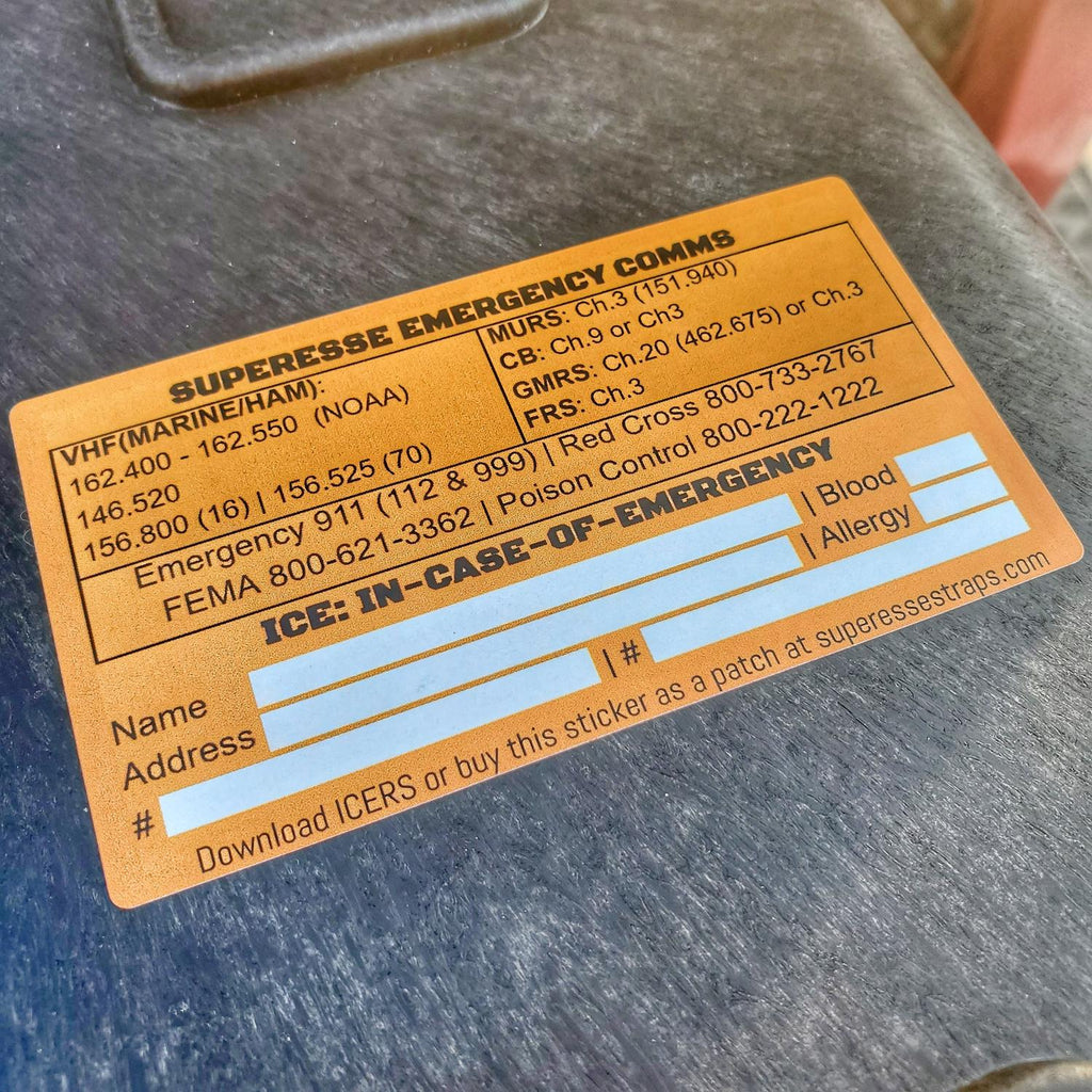 Emergency Comms & ICE Decal - Radio Frequency/Channel and Telephone Contact Numbers, ICE Card