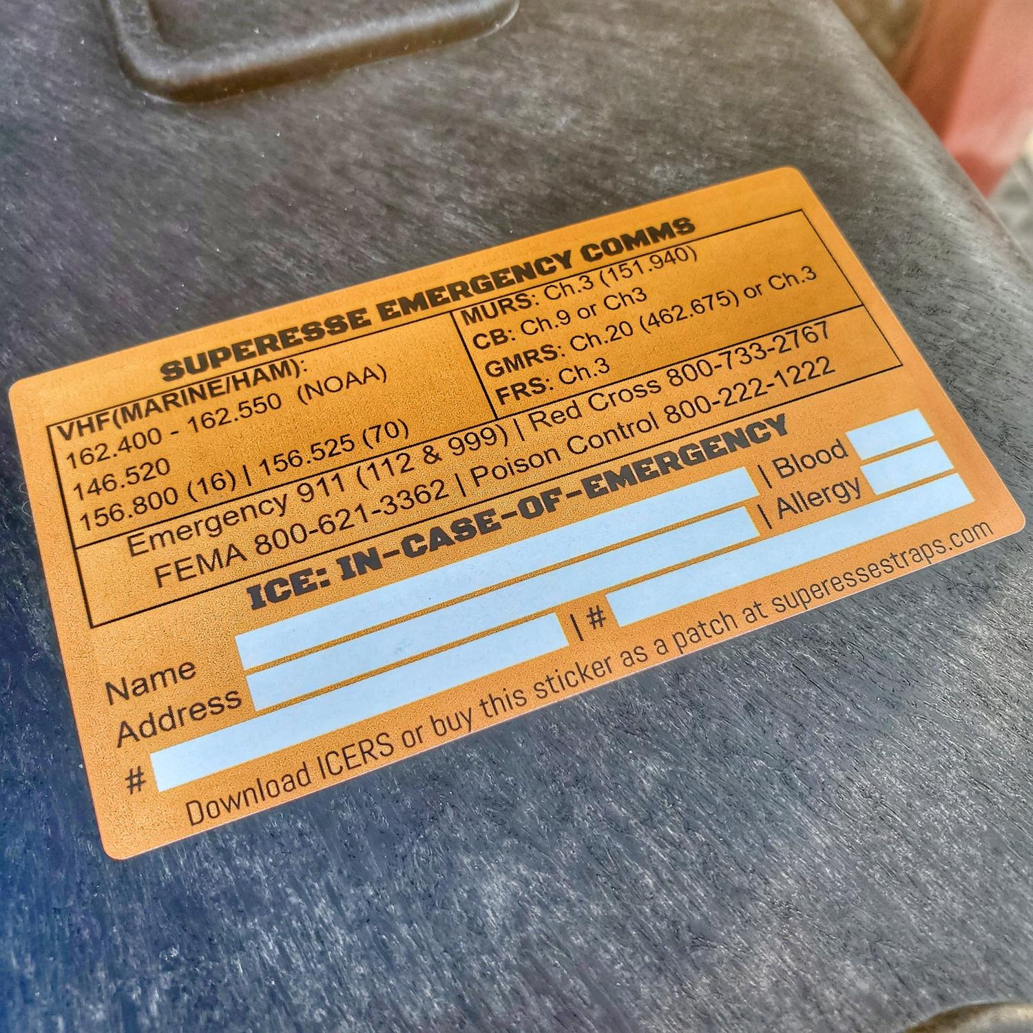 Emergency Comms & ICE Decal - Radio Frequency/Channel and Telephone Contact Numbers, ICE Card