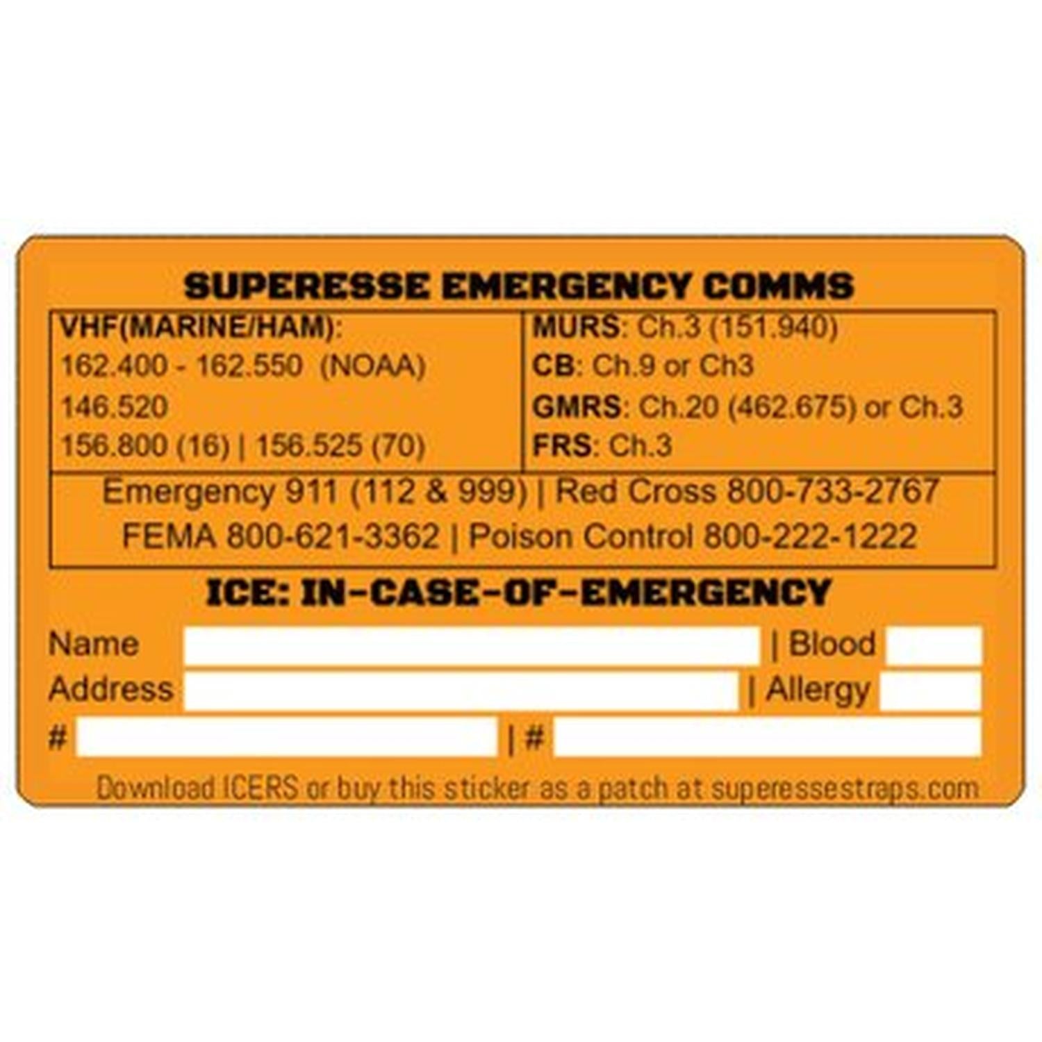 Emergency Comms & ICE Decal - Radio Frequency/Channel and Telephone Contact Numbers, ICE Card