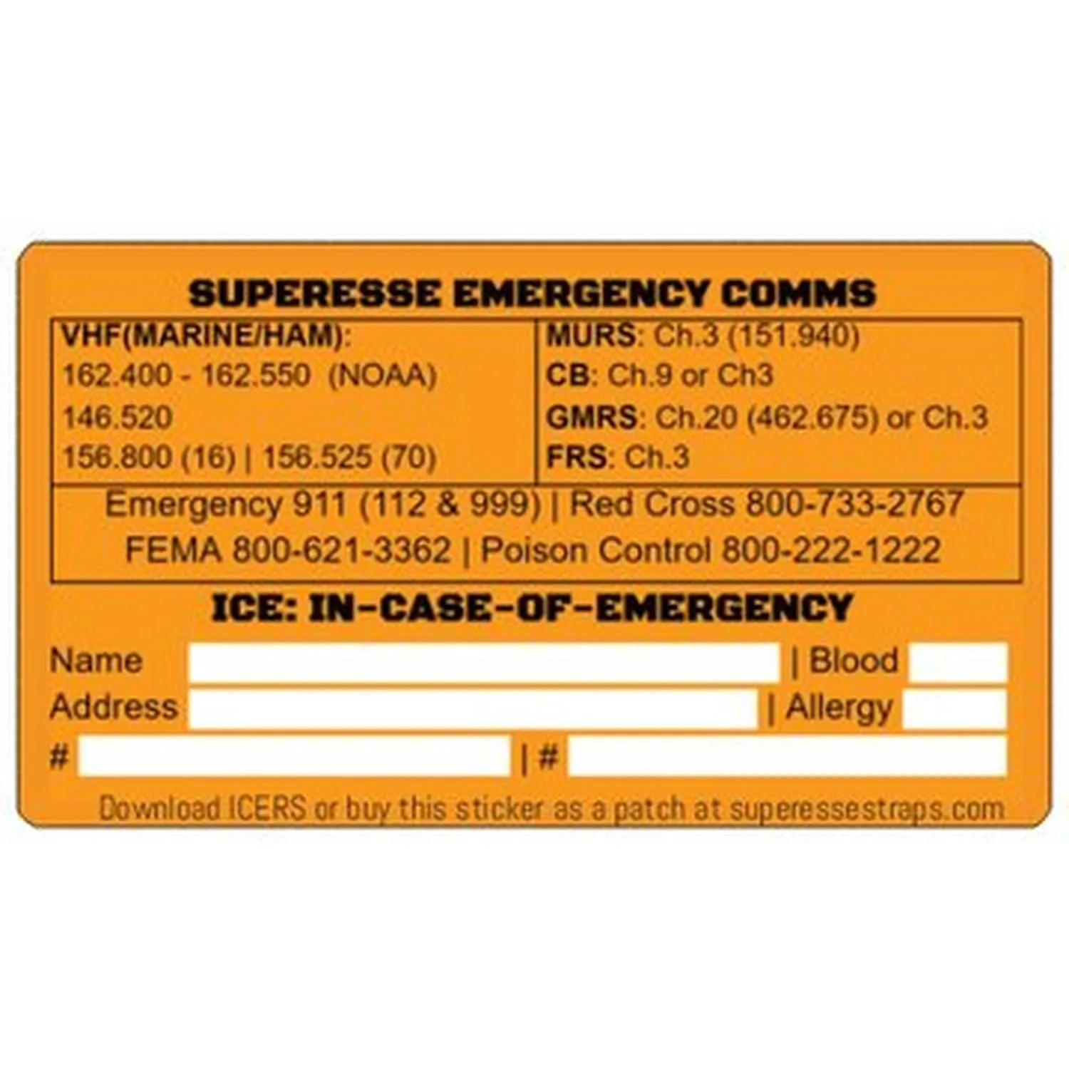 Emergency Comms & ICE Decal - Radio Frequency/Channel and Telephone Contact Numbers, ICE Card