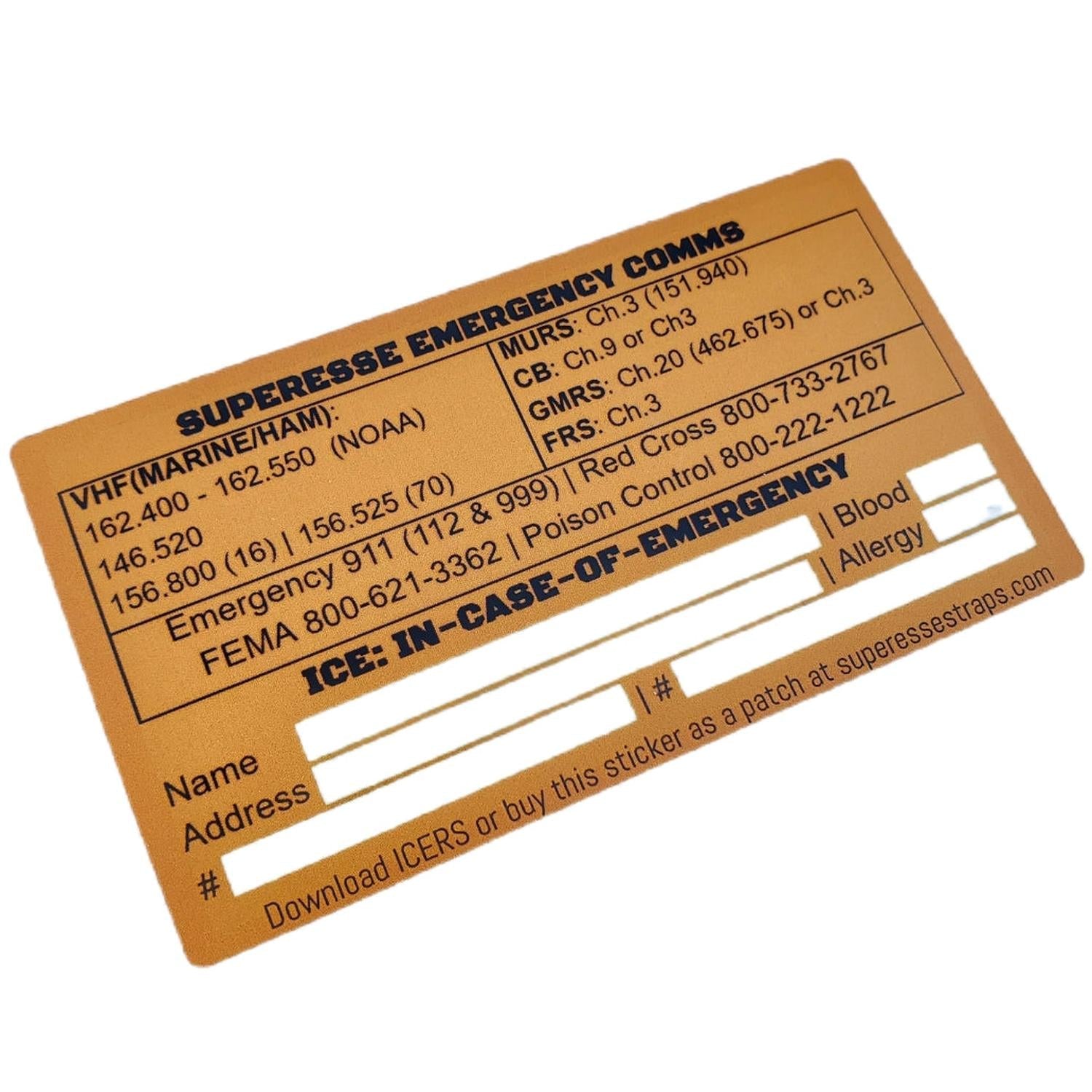 Emergency Comms & ICE Decal - Radio Frequency/Channel and Telephone Contact Numbers, ICE Card