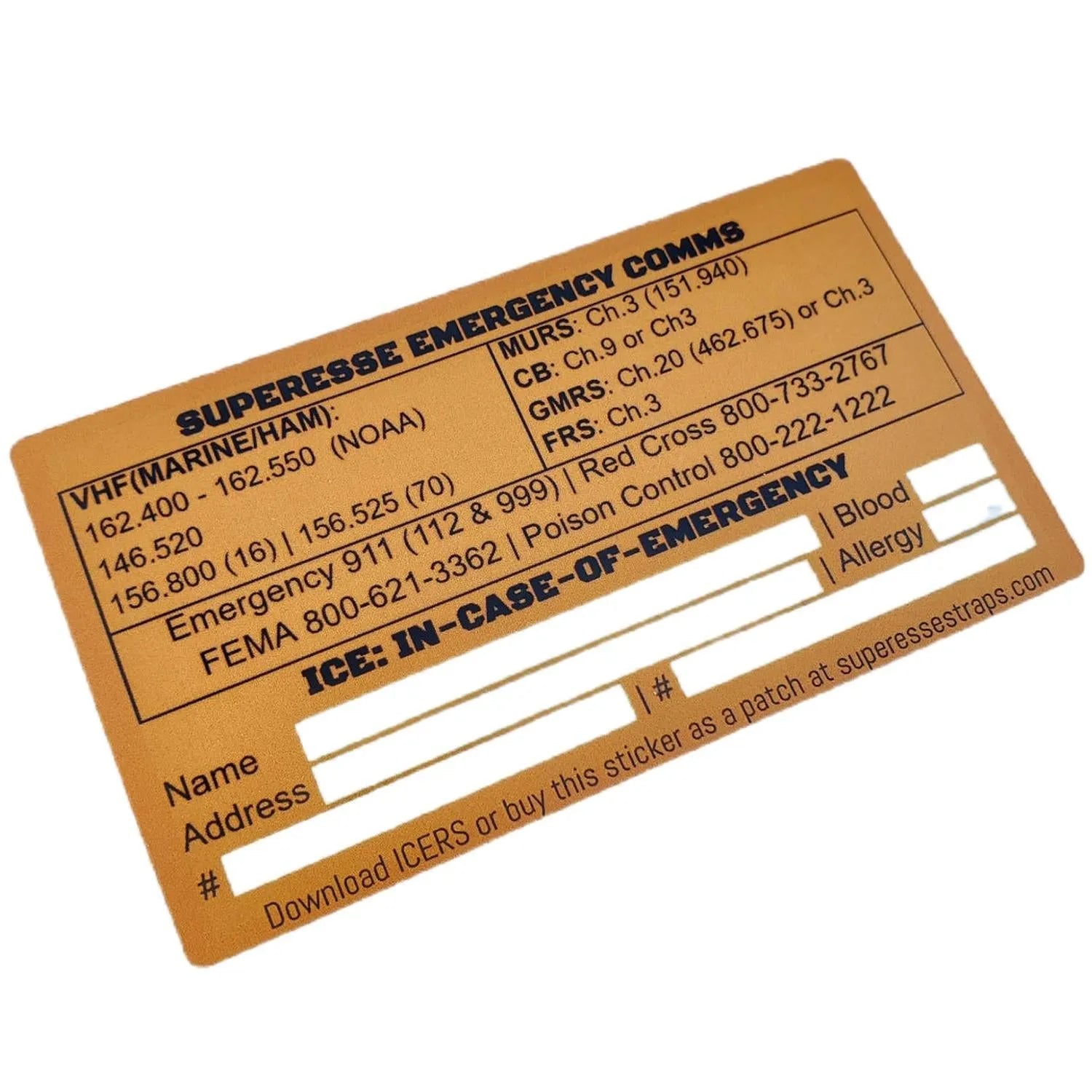 Emergency Comms & ICE Decal - Radio Frequency/Channel and Telephone Contact Numbers, ICE Card