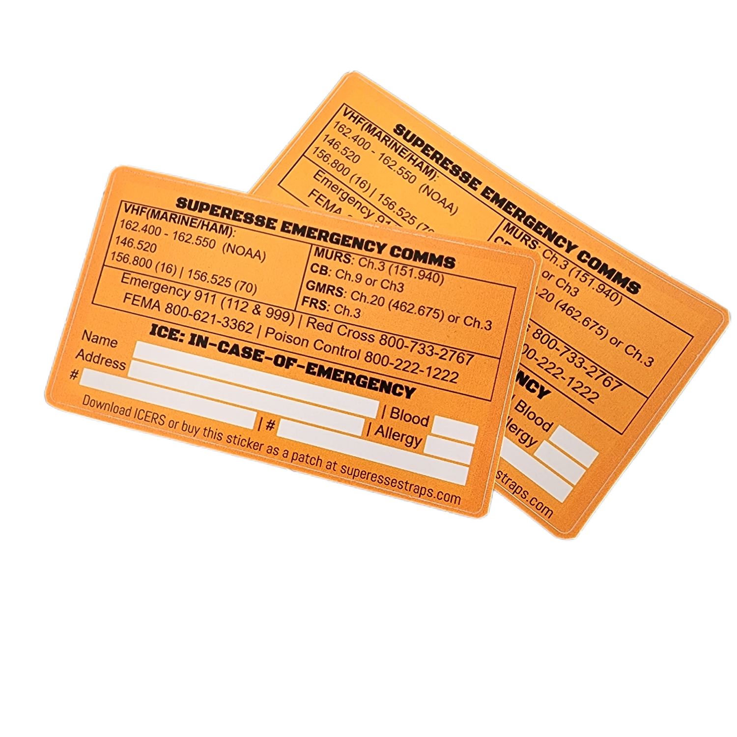 Emergency Comms & ICE Decal - Radio Frequency/Channel and Telephone Contact Numbers, ICE Card