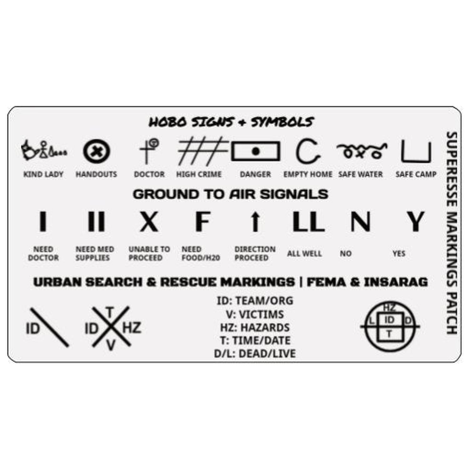 Markings and Signals Decal - Hobo Symbols, Ground to Air Signals, Search and Rescue Markings