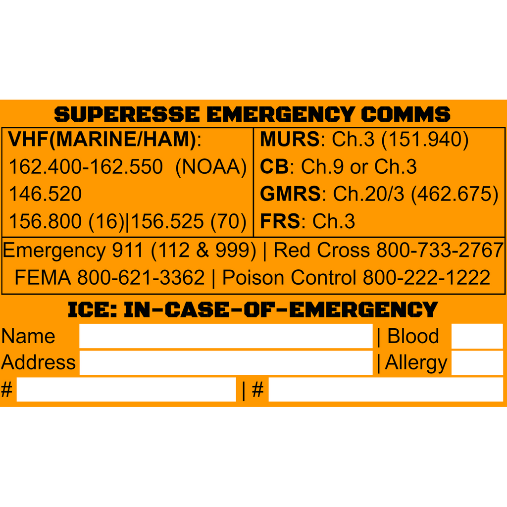 Storage Pocket Patch: Emergency Comms with Radio Frequency/Channel and Telephone Contact Numbers, ICE Card
