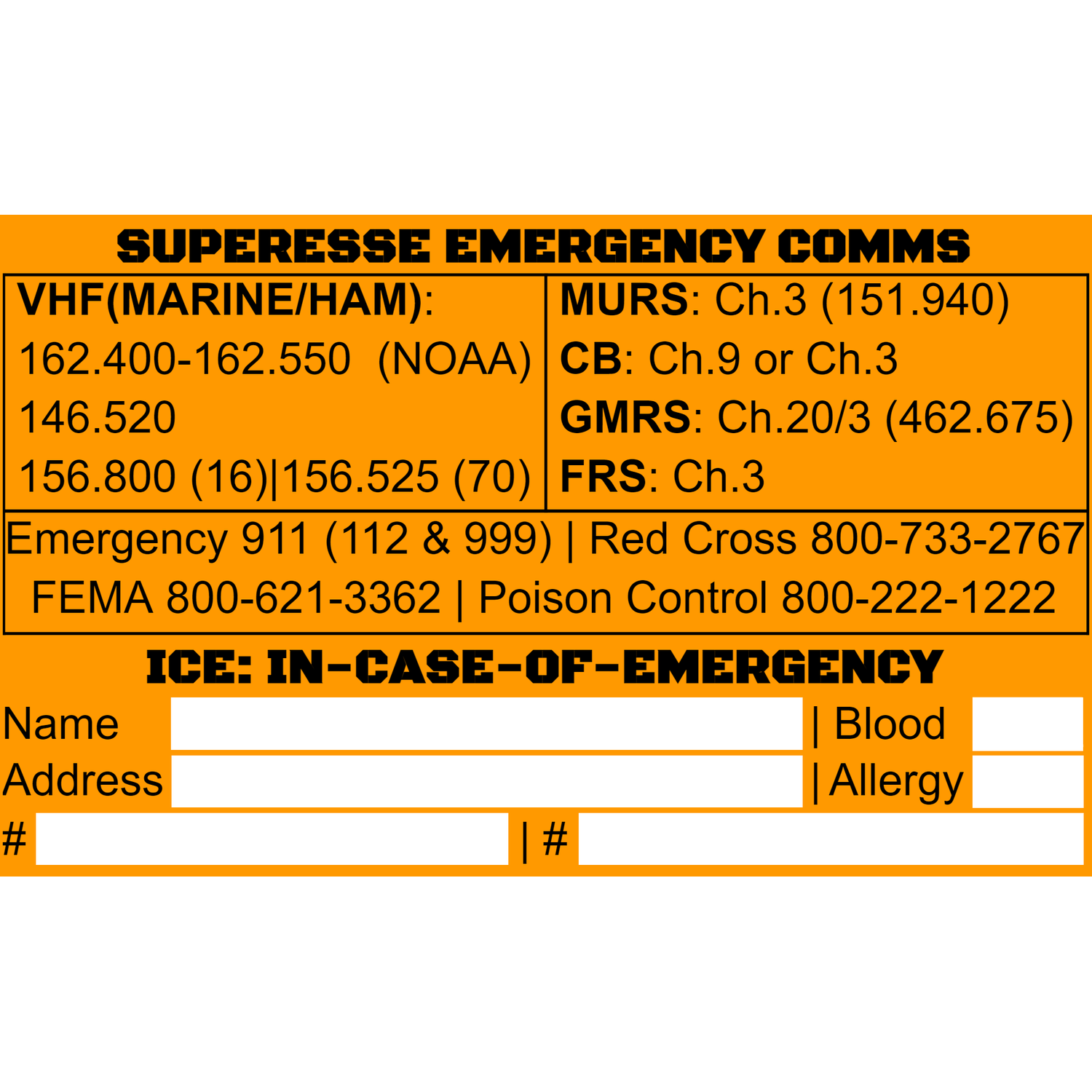 Storage Pocket Patch: Emergency Comms with Radio Frequency/Channel and Telephone Contact Numbers, ICE Card