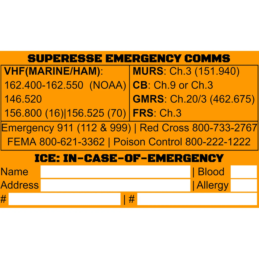 Storage Pocket Patch: Emergency Comms with Radio Frequency/Channel and Telephone Contact Numbers, ICE Card
