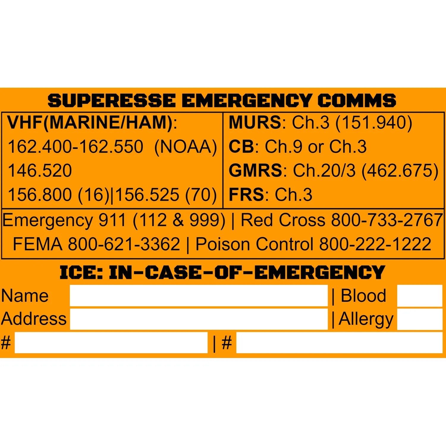 Storage Pocket Patch: Emergency Comms with Radio Frequency/Channel and Telephone Contact Numbers, ICE Card