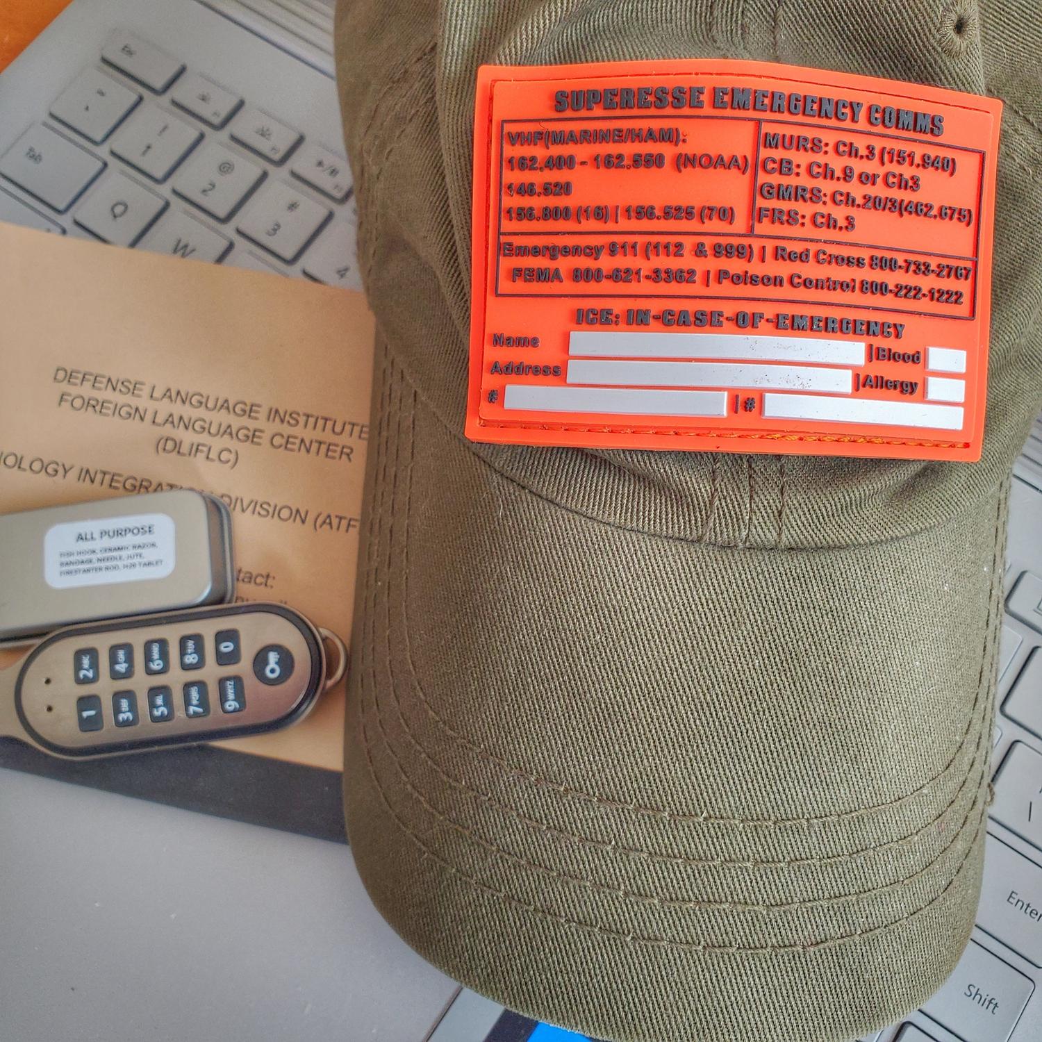 Storage Pocket Patch: Emergency Comms with Radio Frequency/Channel and Telephone Contact Numbers, ICE Card