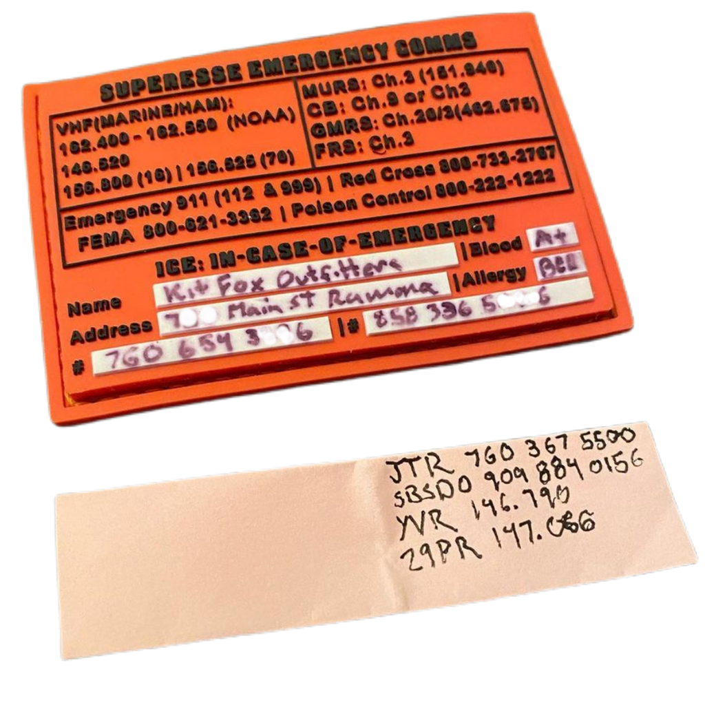 Storage Pocket Patch: Emergency Comms with Radio Frequency/Channel and Telephone Contact Numbers, ICE Card