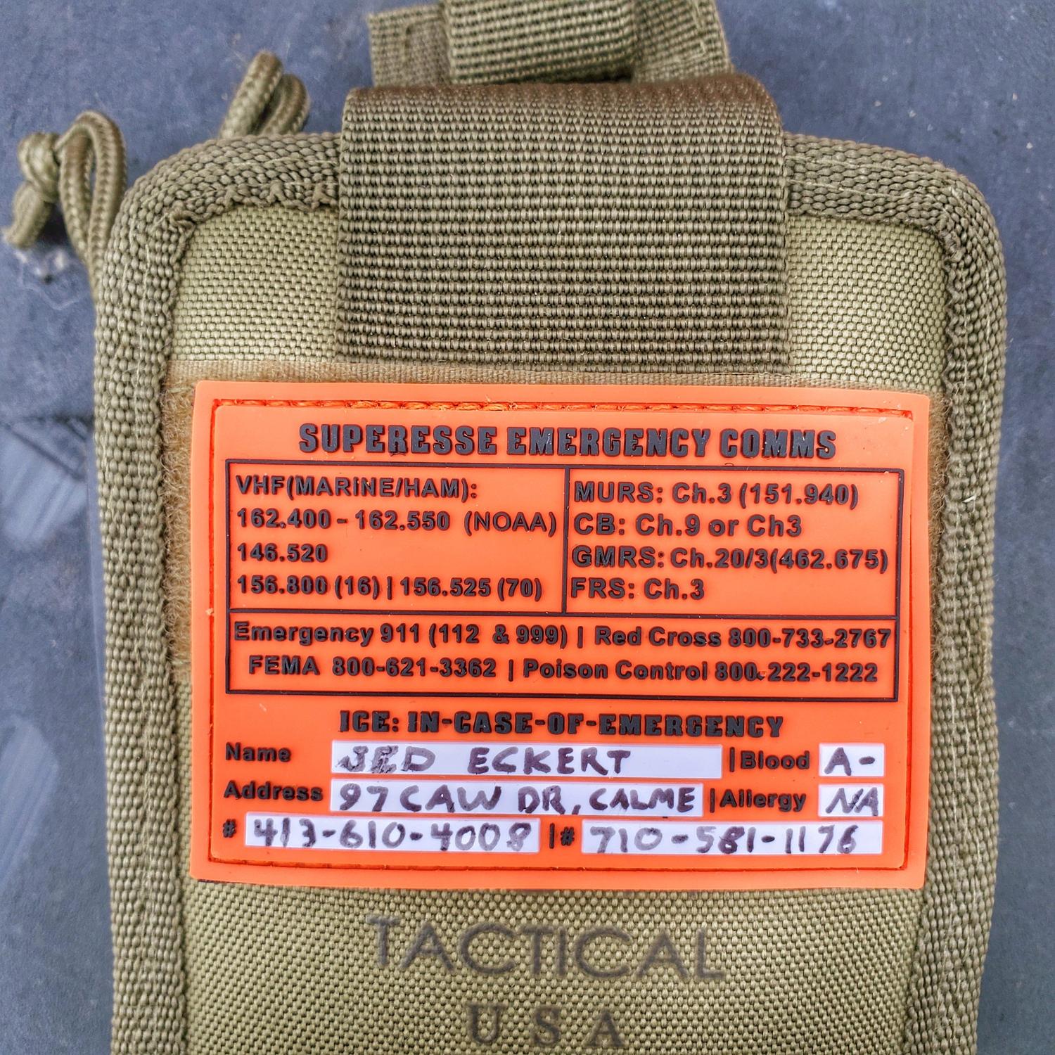 Storage Pocket Patch: Emergency Comms with Radio Frequency/Channel and Telephone Contact Numbers, ICE Card