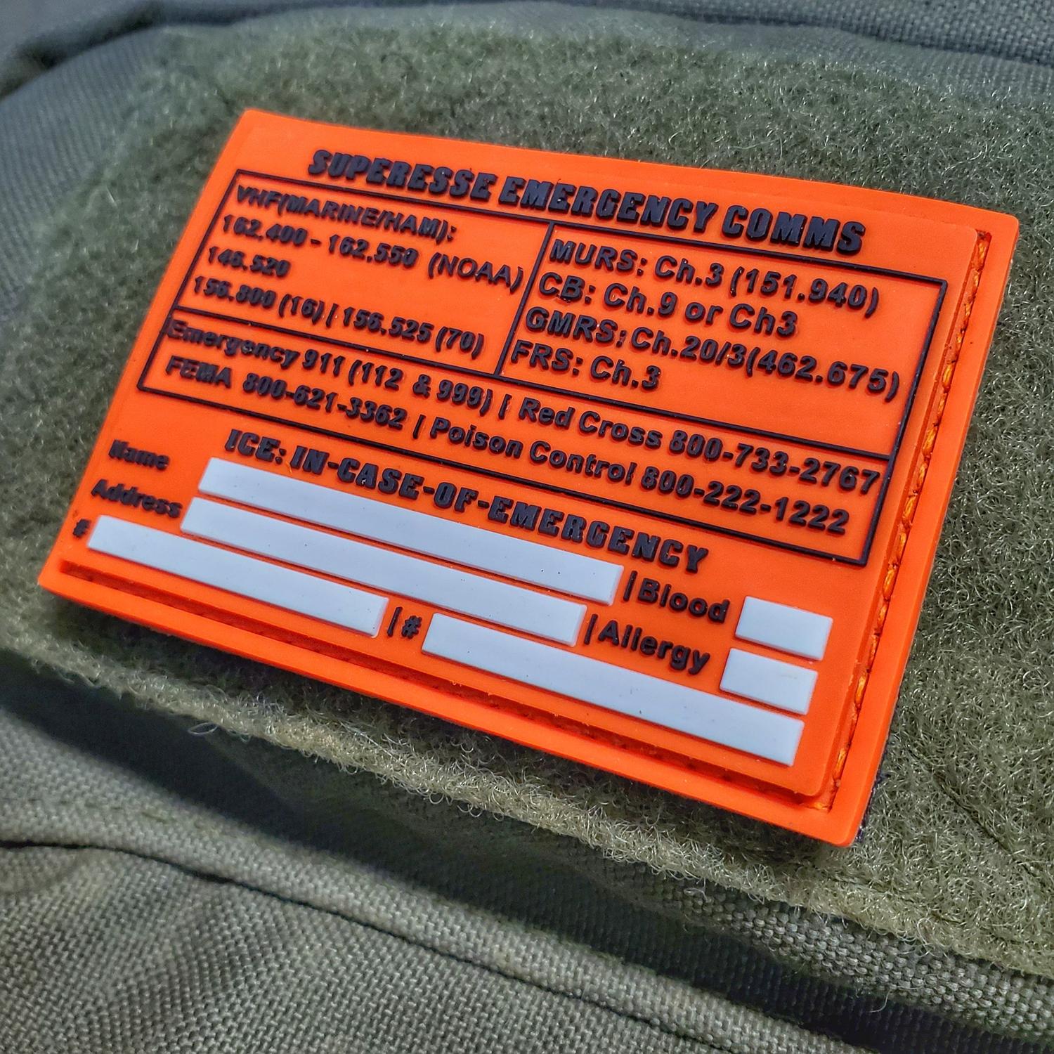 Storage Pocket Patch: Emergency Comms with Radio Frequency/Channel and Telephone Contact Numbers, ICE Card