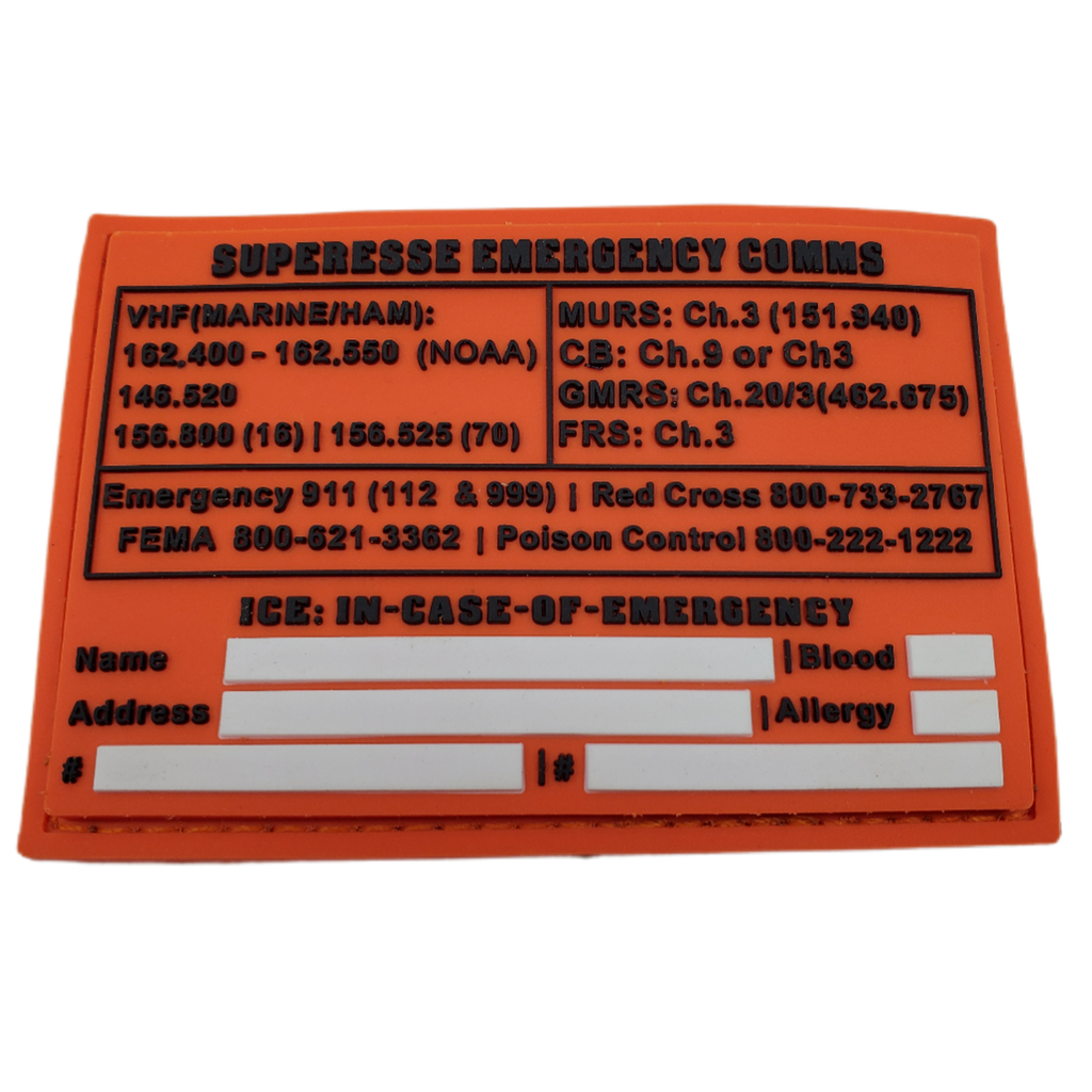 Storage Pocket Patch: Emergency Comms with Radio Frequency/Channel and Telephone Contact Numbers, ICE Card