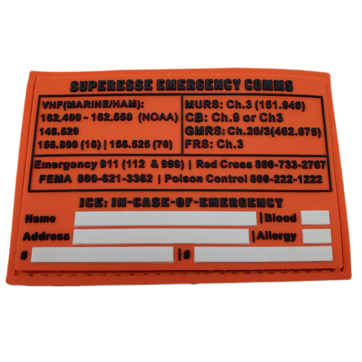 Storage Pocket Patch: Emergency Comms with Radio Frequency/Channel and Telephone Contact Numbers, ICE Card