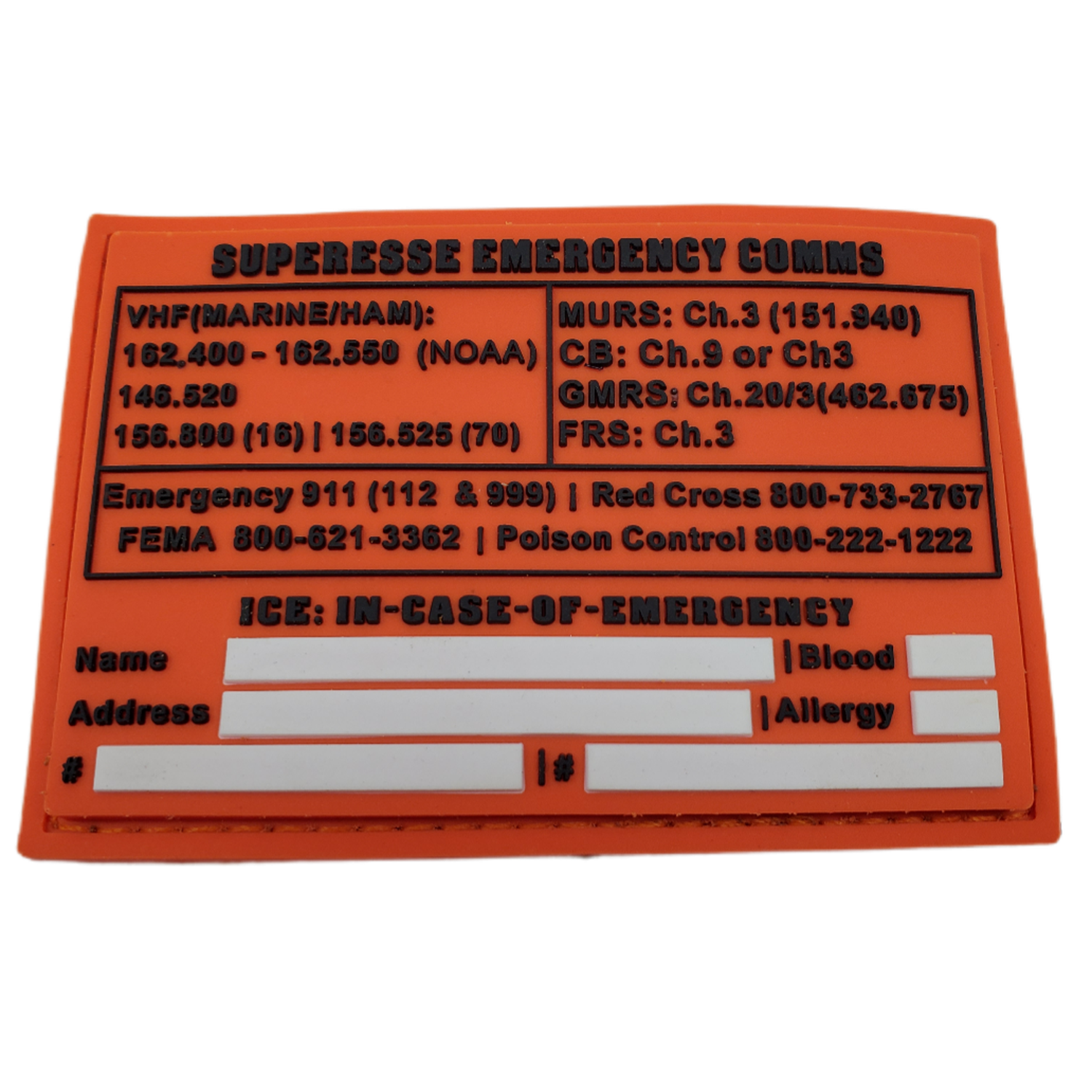 Storage Pocket Patch: Emergency Comms with Radio Frequency/Channel and Telephone Contact Numbers, ICE Card