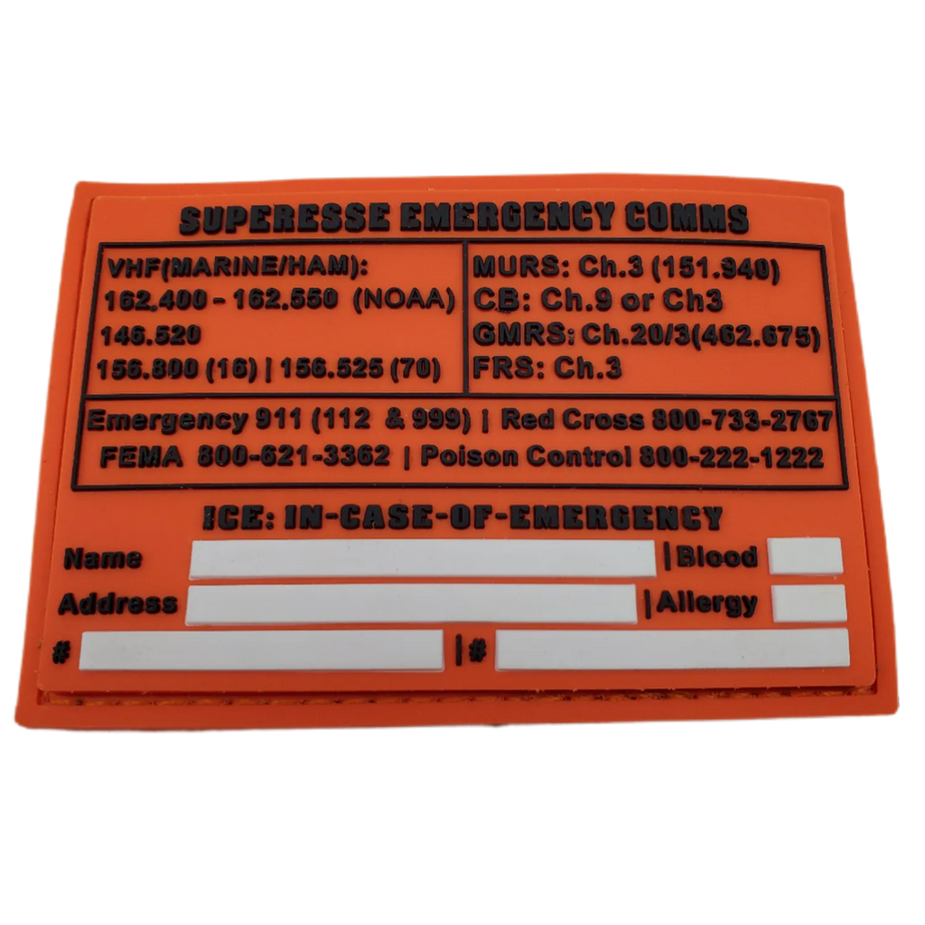 Storage Pocket Patch: Emergency Comms with Radio Frequency/Channel and Telephone Contact Numbers, ICE Card