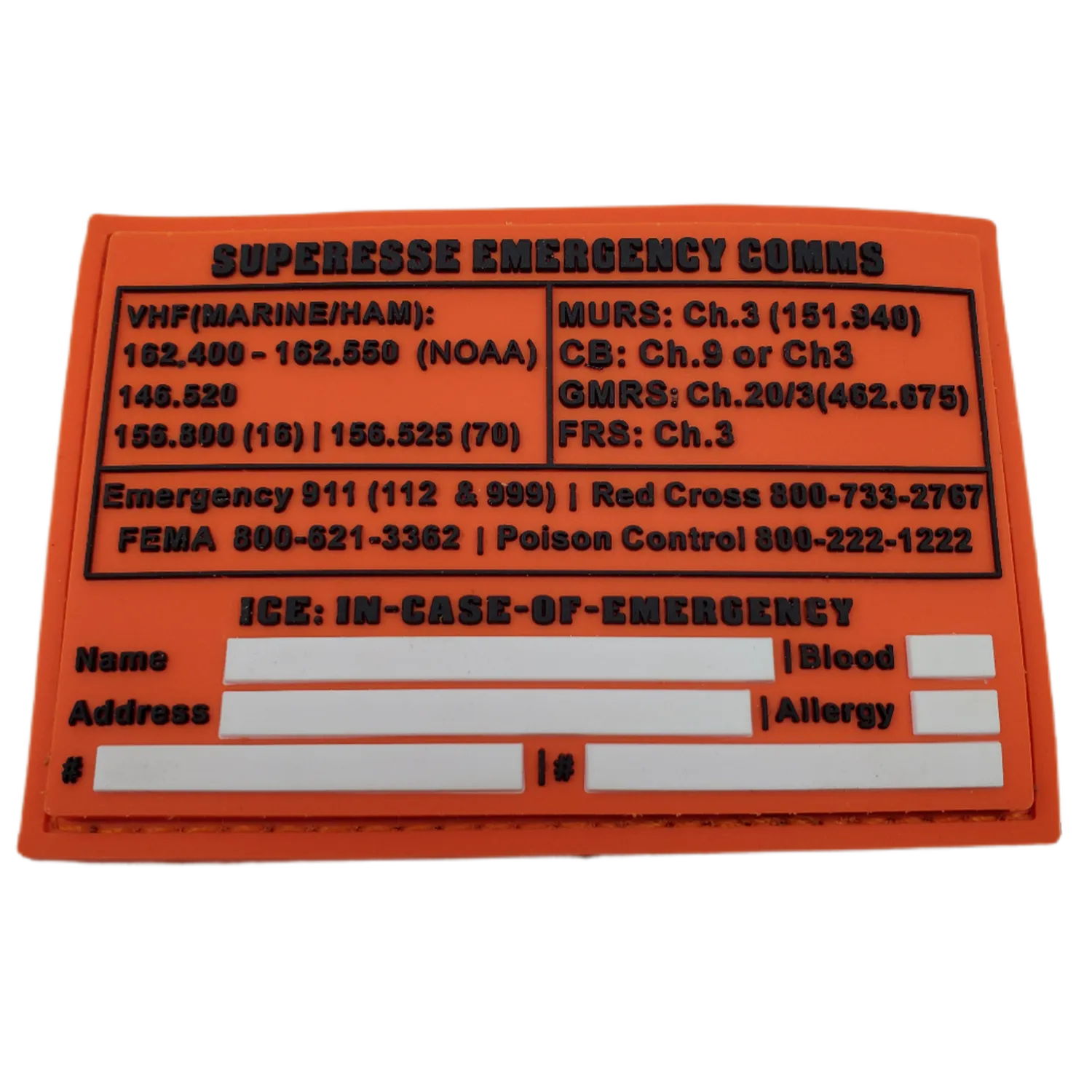 Storage Pocket Patch: Emergency Comms with Radio Frequency/Channel and Telephone Contact Numbers, ICE Card