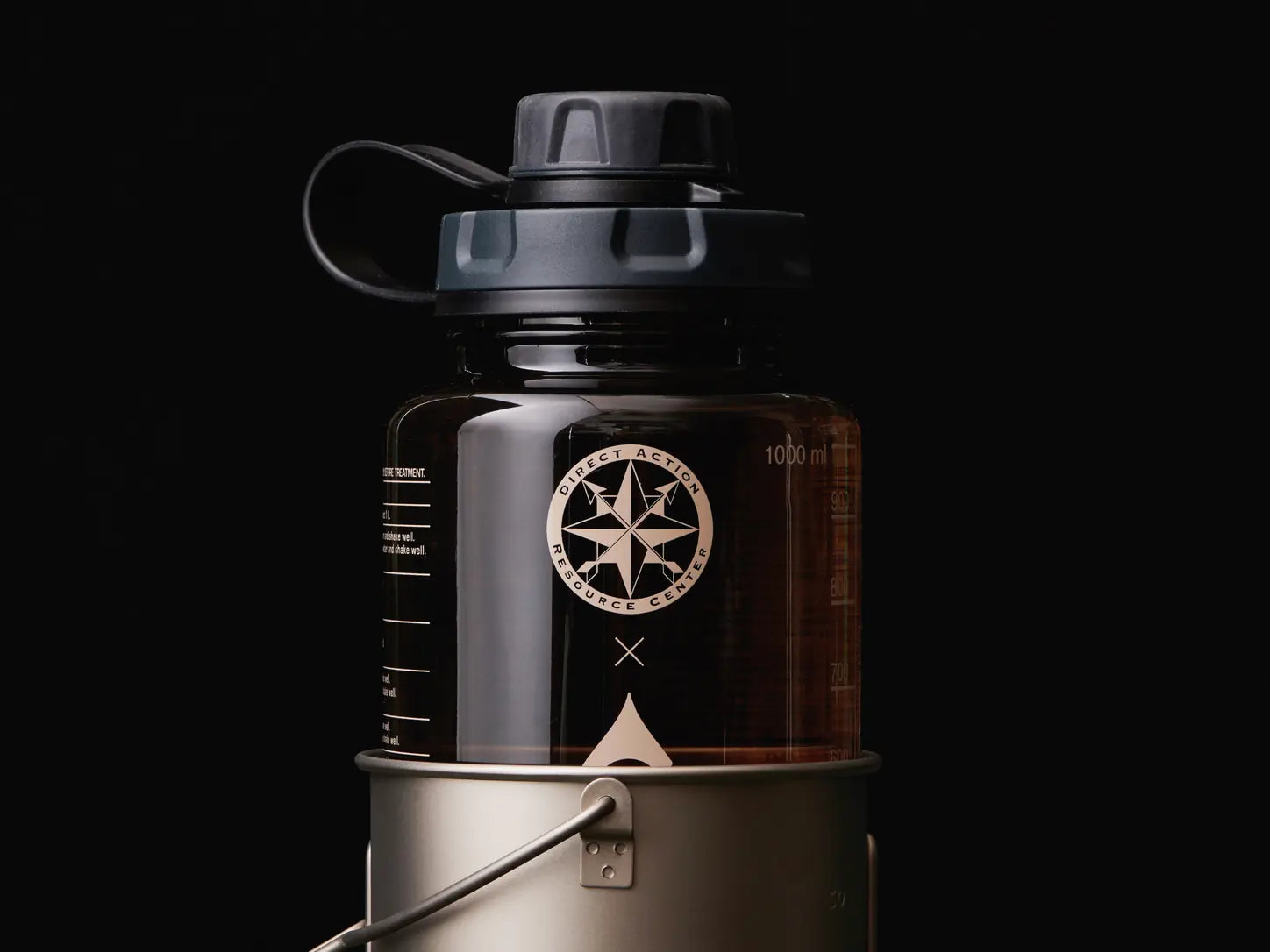 LYNX VECTOR 750 ml titanium pot nested around a standard 32 oz Nalgene bottle